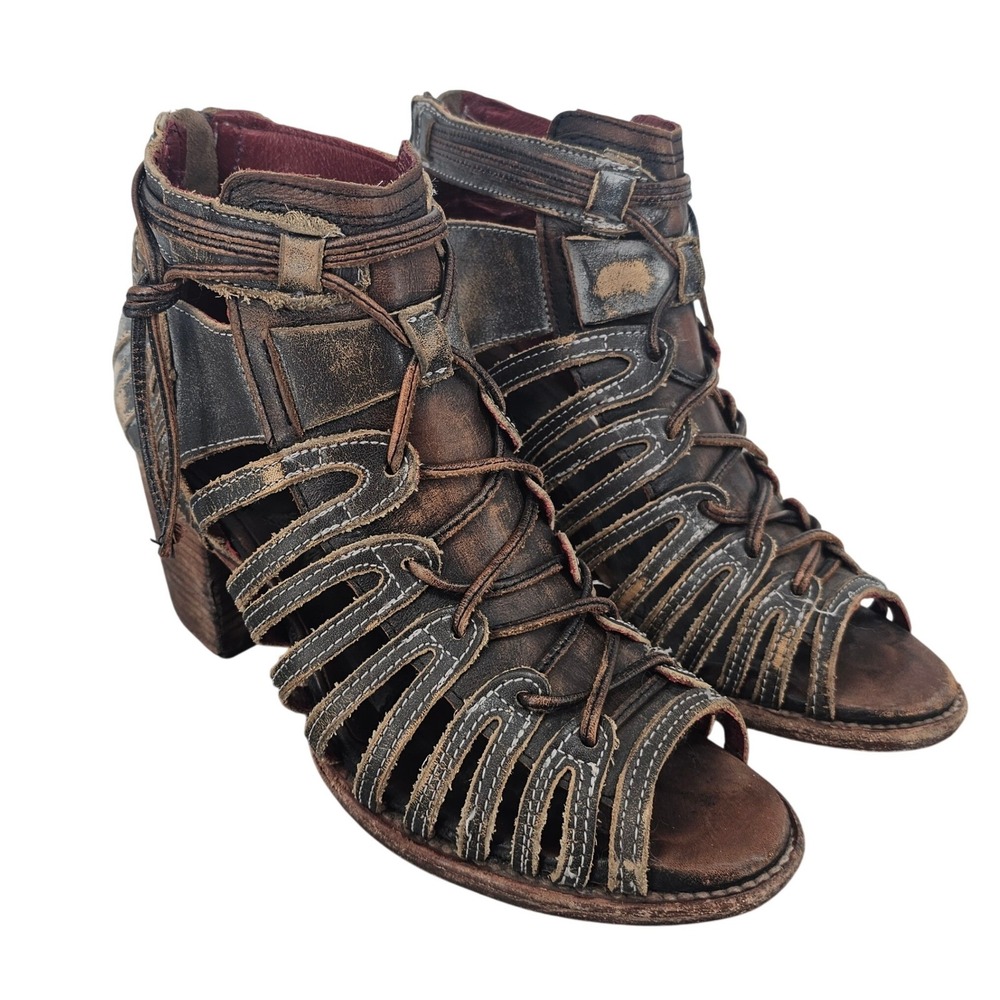 Freebird Wazee Distressed  Leather Gladiator Block Heel Sandals Ankle Boots 10
